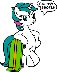 Size: 880x1117 | Tagged: safe, artist:hirake! pony key, imported from derpibooru, gusty, pony, akbar, bart simpson, bipedal, female, font, g1, g1 to g4, g4, generation leap, nancy cartwright, skateboard, solo, the simpsons, voice actor joke