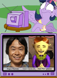 Size: 449x615 | Tagged: safe, imported from derpibooru, twilight sparkle, alicorn, pony, comparison, exploitable meme, female, happy mask salesman, mare, meme, mind blown, nintendo, obligatory pony, shigeru miyamoto, the legend of zelda, tv meme, twilight sparkle (alicorn)