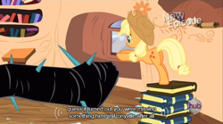 Size: 640x355 | Tagged: safe, imported from derpibooru, screencap, applejack, princess twilight sparkle (episode), black vine, female, meme, solo, youtube caption