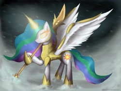 Size: 2500x1875 | Tagged: safe, artist:makc-hunter, imported from derpibooru, princess celestia, armor, female, glowing eyes, hail, magic, solo, spear, warrior celestia, weapon, wing armor