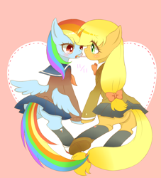 Size: 900x990 | Tagged: safe, artist:yuzuko, imported from derpibooru, applejack, rainbow dash, pony, appledash, bow, clothes, female, lesbian, miniskirt, pixiv, pleated skirt, pocky, pocky game, school uniform, shipping, skirt, socks