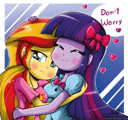 Size: 850x803 | Tagged: safe, artist:the-butch-x, imported from derpibooru, sunset shimmer, twilight sparkle, equestria girls, blushing, bow, breasts, crying, cute, duo, eyes closed, female, forgiveness, frown, heart, heartwarming, hug, lesbian, moon, sad, shimmerbetes, shipping, smiling, sunsetsparkle, sweet dreams fuel