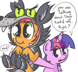 Size: 1100x1010 | Tagged: dead source, safe, artist:twily-and-friends, imported from derpibooru, babs seed, twilight sparkle, alicorn, earth pony, pony, wolf, adorababs, animal costume, ask, big babs wolf, clothes, costume, cute, dialogue, female, hnnng, holding a pony, mare, twilight sparkle (alicorn), wolf costume