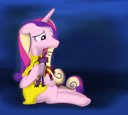 Size: 2398x2151 | Tagged: safe, artist:cartuneslover16, imported from derpibooru, princess cadance, clothes, doll, female, floppy ears, frown, javier rios, monsters university, sad, shirt, sitting, solo