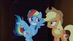 Size: 958x540 | Tagged: safe, imported from derpibooru, screencap, applejack, rainbow dash, castle mane-ia, cute, dashabetes, grin, hub logo, hubble, out of context, smiling