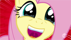 Size: 750x422 | Tagged: safe, edit, edited screencap, imported from derpibooru, screencap, fluttershy, castle mane-ia, crying, cute, female, happy, hub logo, hubble, inverted mouth, open mouth, shyabetes, smiling, solo, speed lines, tears of joy, the hub, uvula, wtf