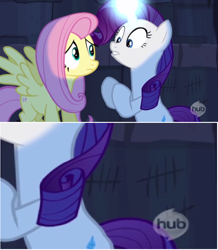 Size: 716x820 | Tagged: safe, imported from derpibooru, screencap, fluttershy, rarity, castle mane-ia, hub logo, hubble, oubliette, tally marks