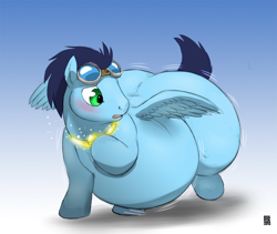 Size: 1094x925 | Tagged: safe, artist:gillpanda, edit, imported from derpibooru, soarin', pegasus, pony, bhm, blank flank, blushing, expansion, fat, goggles, inflation, jewelry, male, missing cutie mark, necklace, obese, soarchub, solo, stallion, weight gain