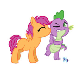 Size: 900x800 | Tagged: dead source, safe, artist:sugguk, imported from derpibooru, scootaloo, spike, dragon, pegasus, pony, cheek kiss, female, filly, foal, kissing, male, scootaspike, shipping, simple background, straight, transparent background