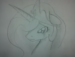 Size: 2592x1944 | Tagged: safe, artist:zev, imported from derpibooru, princess celestia, crying, female, grayscale, monochrome, solo