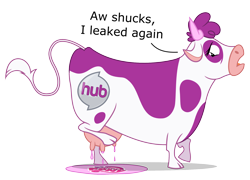 Size: 2000x1443 | Tagged: safe, artist:zutheskunk, artist:zutheskunk traces, imported from derpibooru, cow, cloven hooves, female, horns, hub logo, hubble, hubworld, lactation, leaking, metaphor, my little pony logo, puddle, pun, simple background, solo, the hub, transparent background, udder, vector trace, visual pun