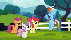 Size: 1920x1080 | Tagged: safe, imported from derpibooru, screencap, apple bloom, rainbow dash, scootaloo, sweetie belle, flight to the finish, coach, coach rainbow dash, cutie mark crusaders, hat, wallpaper, whistle