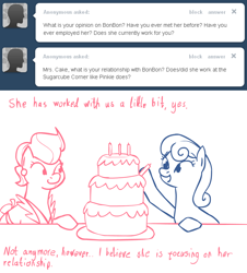 Size: 1156x1280 | Tagged: safe, artist:cythocalypse, imported from derpibooru, bon bon, cup cake, sweetie drops, ask mrs cake, cake, tumblr