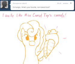 Size: 1274x1096 | Tagged: safe, artist:cythocalypse, imported from derpibooru, carrot top, golden harvest, ask mrs cake, carrot, female, solo, tumblr