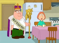 Size: 450x329 | Tagged: safe, imported from derpibooru, human, princess twilight sparkle (episode), chair, crown, epic, exploitable meme, family guy, hair, king of the black people, kitchen, lois griffin, meme, peter griffin, refrigerator, sash, staff, table, twilight scepter