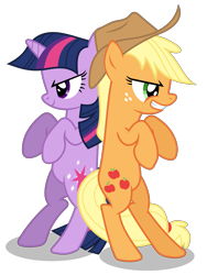 Size: 4518x6000 | Tagged: safe, artist:masem, imported from derpibooru, applejack, twilight sparkle, changeling, earth pony, pony, unicorn, a canterlot wedding, absurd resolution, bipedal, duo, fake twilight, female, grin, mare, simple background, smiling, transparent background, unicorn twilight, vector