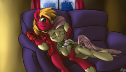 Size: 4200x2400 | Tagged: safe, artist:drizziedoodles, imported from derpibooru, big macintosh, fluttershy, earth pony, pony, clothes, fluttermac, hot chocolate, male, shipping, snuggling, stallion, straight, sweatershy, winter