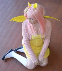 Size: 3142x3589 | Tagged: safe, artist:lochlan o'neil, imported from derpibooru, fluttershy, human, cleavage, clothes, cosplay, female, irl, irl human, photo, solo, sweater, sweatershy