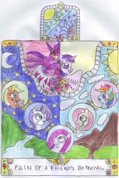 Size: 730x1094 | Tagged: safe, artist:chatsium, imported from derpibooru, applejack, fluttershy, pinkie pie, rainbow dash, rarity, twilight sparkle, alicorn, pony, depressed, dimness void, duality, evil, female, mare, moon, pinkamena diane pie, sad, stars, sun, twilight sparkle (alicorn), valley