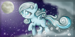 Size: 3000x1500 | Tagged: safe, artist:vird-gi, imported from derpibooru, oc, oc only, oc:snowdrop, pegasus, pony, cloud, cloudy, moon, pegasus oc, snow, snowfall, snowflake, solo