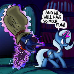 Size: 700x700 | Tagged: safe, artist:fauxsquared, imported from derpibooru, princess luna, trixie, luna-afterdark, bag, excited, magic, telekinesis, trixie is magic, unamused