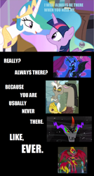 Size: 500x935 | Tagged: safe, edit, edited screencap, imported from derpibooru, screencap, discord, king sombra, nightmare moon, princess celestia, sunset shimmer, twilight sparkle, alicorn, umbrum, a canterlot wedding, equestria girls, equestria girls (movie), princess twilight sparkle (episode), debate, drama, hub logo, sunset satan, text, trollestia, twilight sparkle (alicorn), wedding blues