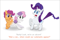Size: 1094x731 | Tagged: safe, artist:ultrathehedgetoaster, imported from derpibooru, rarity, scootaloo, sweetie belle, alicorn, pony, catdog, conjoined, dialogue, fusion, hedgetoaster hybrid, pushmi-pullyu, simple background, we have become one, what has science done, white background