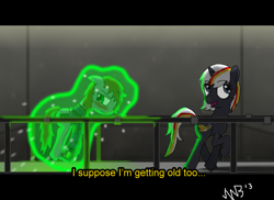 Size: 900x654 | Tagged: safe, artist:stormbadger, imported from derpibooru, oc, oc only, oc:littlepip, oc:velvet remedy, pony, unicorn, fallout equestria, blushing, clothes, dialogue, fake screencap, fanfic, fanfic art, female, glowing horn, horn, jumpsuit, levitation, magic, mare, pipbuck, self-levitation, subtitles, telekinesis, vault suit