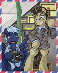 Size: 700x885 | Tagged: safe, artist:saturnspace, imported from derpibooru, doctor whooves, star hunter, time turner, pony, ask, bipedal, camera, clothes, glasses, jack harkness, suit