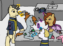 Size: 636x469 | Tagged: safe, artist:king-koder, imported from derpibooru, oc, oc only, oc:littlepip, oc:littlepip's mother, pony, unicorn, fallout equestria, beads, clothes, comb, dress, fanfic, fanfic art, female, glowing horn, haircut, horn, jumpsuit, levitation, littlepip's mother, magic, makeover, male, mare, pipbuck, scissors, stallion, telekinesis, tomboy taming, vault suit