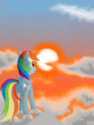 Size: 1500x2000 | Tagged: safe, artist:the1xeno1, imported from derpibooru, rainbow dash, cloud, cloudy, female, solo, sunset