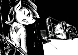 Size: 1500x1063 | Tagged: safe, artist:d-lowell, imported from derpibooru, oc, oc only, pony, bipedal, black and white, grayscale, gun, mafia, noir, submachinegun, tommy gun