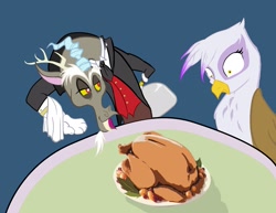 Size: 1650x1275 | Tagged: safe, artist:d-lowell, imported from derpibooru, discord, gilda, draconequus, griffon, turkey, butler, cooked, dead, female, food, implied cannibalism, male, table, thanksgiving, twitch, wide eyes