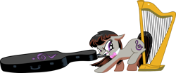 Size: 1280x533 | Tagged: safe, artist:andypriceart, artist:haetran, idw, imported from derpibooru, octavia melody, earth pony, pony, angry, cello, cello case, female, harp, musical instrument, scowl, simple background, solo, transparent background, vector