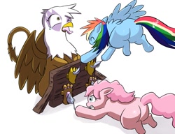 Size: 1019x784 | Tagged: safe, artist:spanking649, imported from derpibooru, gilda, pinkie pie, rainbow dash, griffon, bondage, bondage furniture, feather, paw pads, stocks, tickle torture, tickling, tongue out
