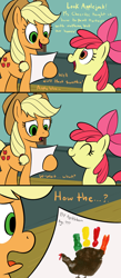 Size: 1280x2932 | Tagged: safe, artist:acstlu, imported from derpibooru, apple bloom, applejack, earth pony, pony, turkey, comic, female, filly, foal, hand, hand turkey, how, mare, open mouth, shocked, thanksgiving, wat