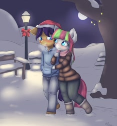 Size: 1280x1376 | Tagged: safe, artist:alasou, imported from derpibooru, blossomforth, oc, anthro, canon x oc, female, male, snow, straight, winter outfit