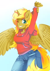 Size: 3508x4961 | Tagged: artist needed, source needed, safe, imported from derpibooru, oc, oc only, oc:ticket, alicorn, anthro, alicorn oc, anthro oc, clothes, hoodie, human facial structure, jeans, solo, stretching