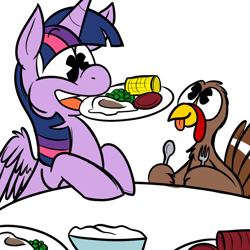 Size: 700x700 | Tagged: safe, artist:karpet-shark, imported from derpibooru, twilight sparkle, alicorn, pony, turkey, twily-daily, corn, female, food, herbivore, knife, mare, mashed potatoes, mouth hold, omnivore, pea, simple background, spoon, table, thanksgiving, twilight sparkle (alicorn)