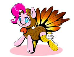 Size: 898x701 | Tagged: safe, artist:fatcakes, imported from derpibooru, pinkie pie, earth pony, pony, turkey, animal costume, clothes, costume, female, solo, thanksgiving, turkey costume