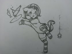 Size: 1280x960 | Tagged: safe, artist:wimcrustum, imported from derpibooru, trixie, pony, spider, unicorn, armpits, clothes, cufflinks, cuffs (clothes), female, mare, monochrome, socks, solo, striped socks, surprised, traditional art