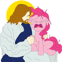 Size: 800x800 | Tagged: safe, artist:lycanianspike, imported from derpibooru, pinkie pie, adventure in the comments, christianity, comforting, crying, drama, jesus christ, religion, religious, religious focus, sad