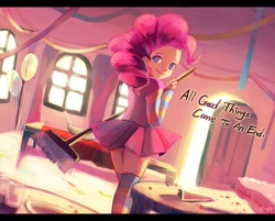 Size: 900x725 | Tagged: safe, artist:amy30535, imported from derpibooru, pinkie pie, human, after party, broom, cleaning, clothes, dialogue, female, humanized, looking at you, looking back, messy, sad in hindsight, skirt, solo