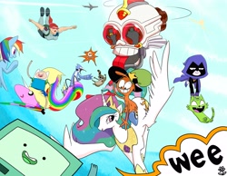 Size: 4500x3500 | Tagged: safe, artist:flowersimh, imported from derpibooru, princess celestia, rainbow dash, alicorn, pegasus, adventure time, alice, beast boy, bmo, crossover, day, finn the human, flower, flying, jake the dog, lady rainicorn, lord hater, mordecai, mordecai and rigby, rainicorn, raven (dc comics), raven (teen titans), regular show, ride, rider, riding, rigby, skull, sky, superjail, teen titans, teen titans go, the warden, wander (wander over yonder), wander over yonder