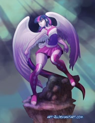 Size: 1000x1295 | Tagged: safe, artist:art-2u, imported from derpibooru, twilight sparkle, alicorn, equestria girls, action pose, boots, clothes, female, shoes, socks, solo, thigh boots, thigh highs, twilight sparkle (alicorn), wings