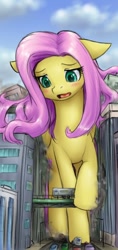 Size: 392x834 | Tagged: safe, artist:alloyrabbit, imported from derpibooru, fluttershy, pegasus, pony, attack on pony, blushing, car, city, destruction, female, giant pony, giantess, giantshy, macro, mare, open mouth, raised hoof, solo, train