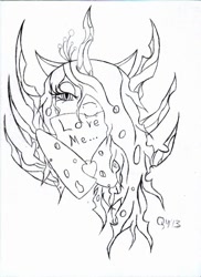 Size: 637x877 | Tagged: source needed, safe, artist:queen-ystella, imported from derpibooru, queen chrysalis, changeling, changeling queen, bedroom eyes, bronybait, cute, cutealis, female, heart, love, monochrome, mouth hold, note, solo, traditional art