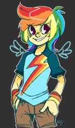 Size: 467x800 | Tagged: safe, artist:drunkenfist, imported from derpibooru, rainbow dash, human, female, humanized, light skin, solo, winged humanization