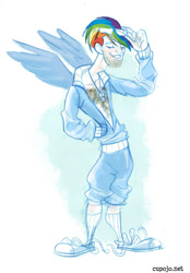 Size: 569x816 | Tagged: safe, artist:jothezette, imported from derpibooru, rainbow dash, human, brony, clothes, converse, humanized, rule 63, shoes, solo, winged humanization