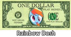 Size: 1358x713 | Tagged: safe, edit, imported from derpibooru, rainbow dash, derp, image macro, money, pun, rainbow dosh, tongue out